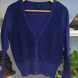 Ann Taylor Blue Cardigan Sweater with Lace Detail #249
